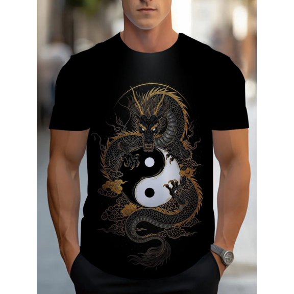 Men's casual polyester T-shirt, dragon and yin and yang pattern design, black, light and durable, perfect for daily wear, gym or outdoor activities, adult comfort version