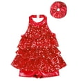 thumbnail image 4 of LiiYii Kids Girls Sequin Dance Outfits Festival Performance Sleeveless Dance Leotard Dress Ballroom Salsa Red 12, 4 of 5