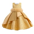 thumbnail image 3 of XEGLSBU Toddler Christmas Dress 3T Tulle Elegant Satin Girls Party Dress with Puffy Sleeves and Flowy Skirt for and Celebrations Yellow Size 6-7 Years, 3 of 5