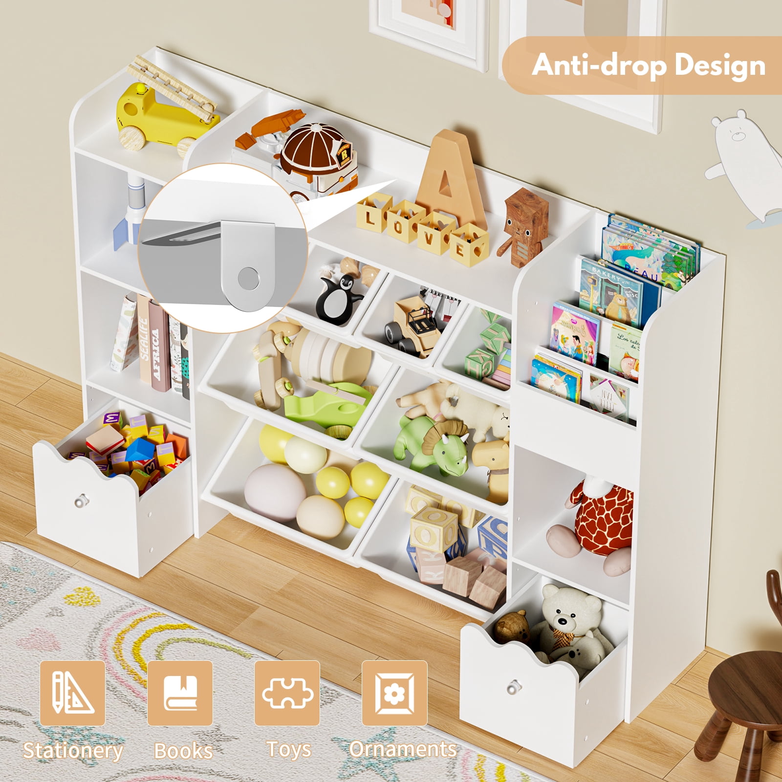 Hommpa Kids Toy Storage Organizer with 8 Toy Storage Bins, Kids Bookcase with 4-Tier Bookshelf, Toy Organizer with 2 Removable Drawers and 3 Cube Storage for Bedroom Playroom, White