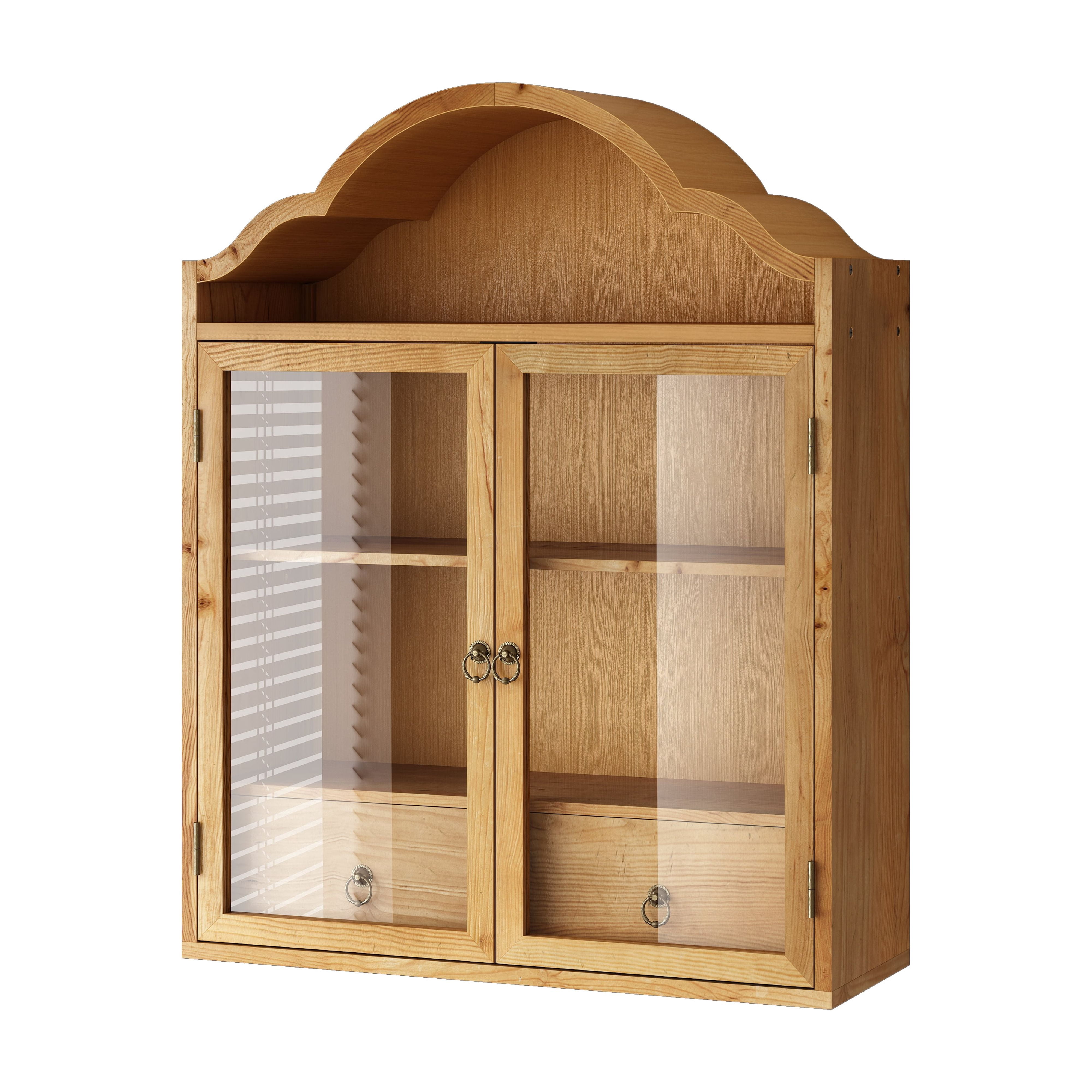 Wall Cabinet with Elegant Wave Top and Solid Wood Frame, Rustic Vintage Wall Cabinet and Storage Shelf for Dining Room Kitchen Bathroom, Natural