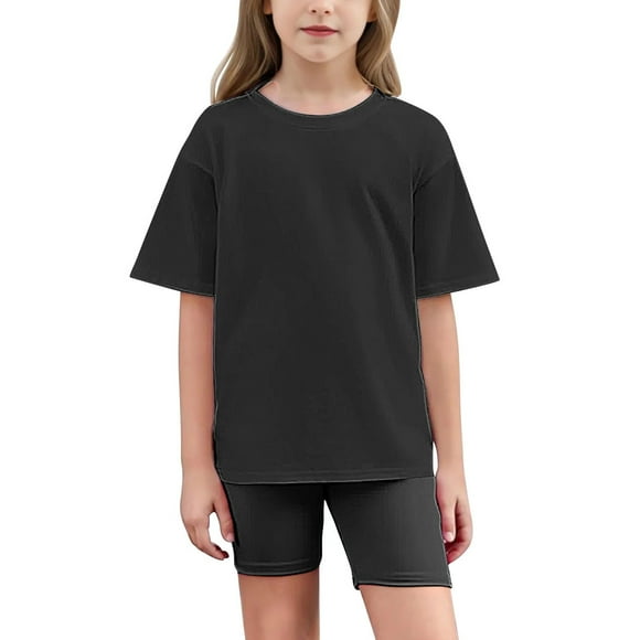 Girl 2 Piece Outfits Toddler Girl Clothes Oversized Short Sleeve T Shirt Active Running Bike Short Sets 5-15y