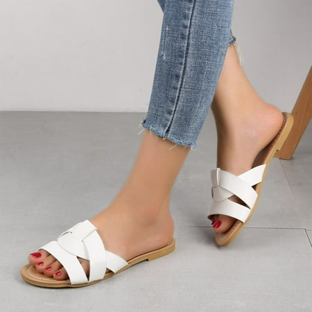 

Aayomet Women Slippers Fashion Summer Women Slippers Strap Flat Solid Color Open Toe Beach Casual White 8.5