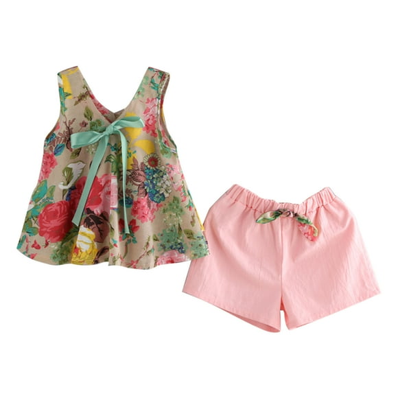 Girls Fly Sleeve Cartoon Prints Dress Dresses Clothes Headbands Set Girls Suit Floral Girls Style Vest Top Shorts Two Piece Set Baby Outfits for Girls 3-6 Months Little Character Set New Born Clothes