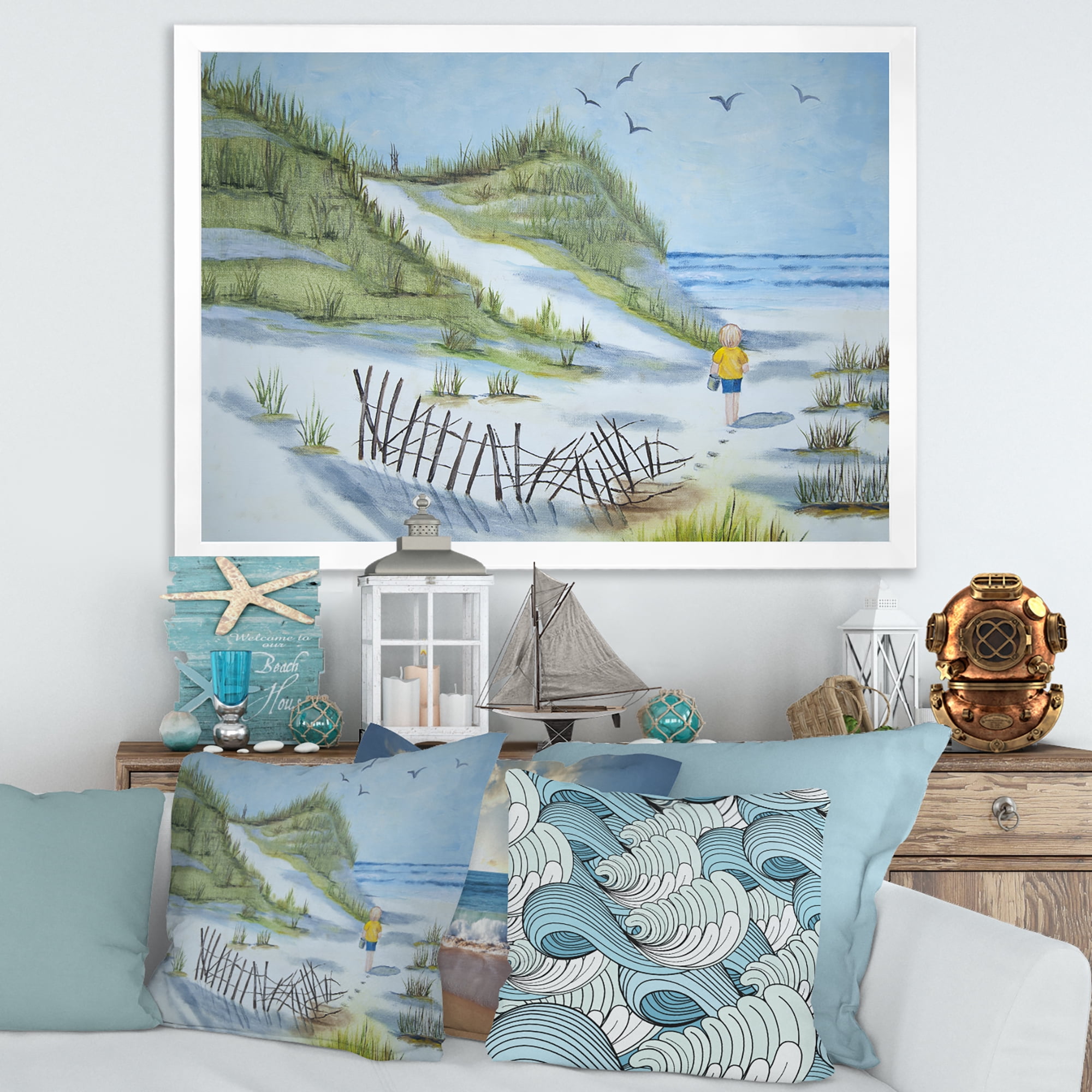 Designart 'Child Walking to The Beach' Nautical & Coastal Framed Art Print