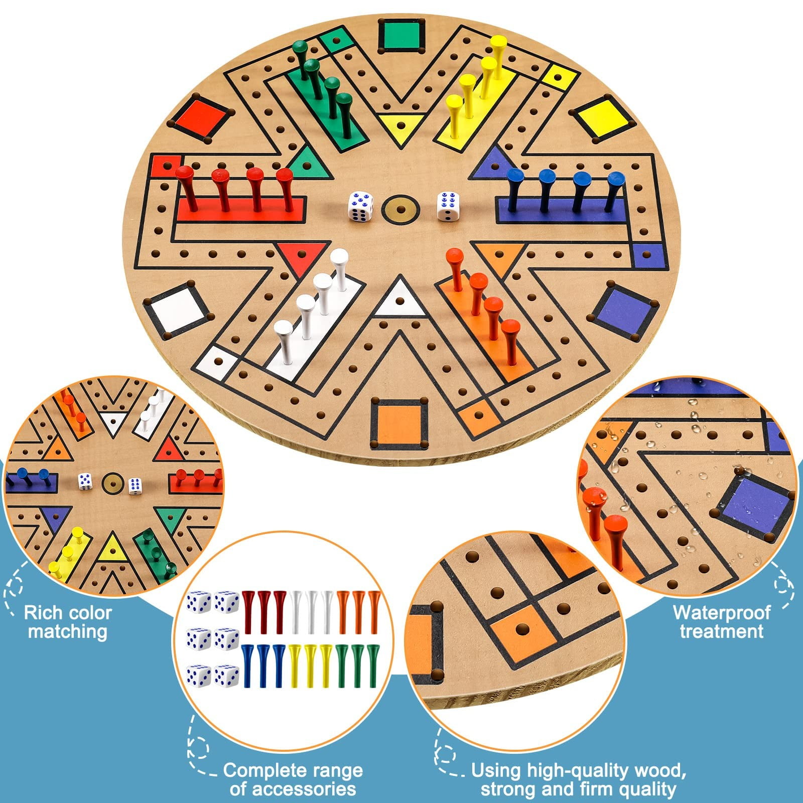 Wgmhea Wooden Fast Track Game, Fast Track Board Game for 3-6 Players – Family, 14.2-Inch Board, with 24 Board Game Pieces and 2 Dice, 6 Colors