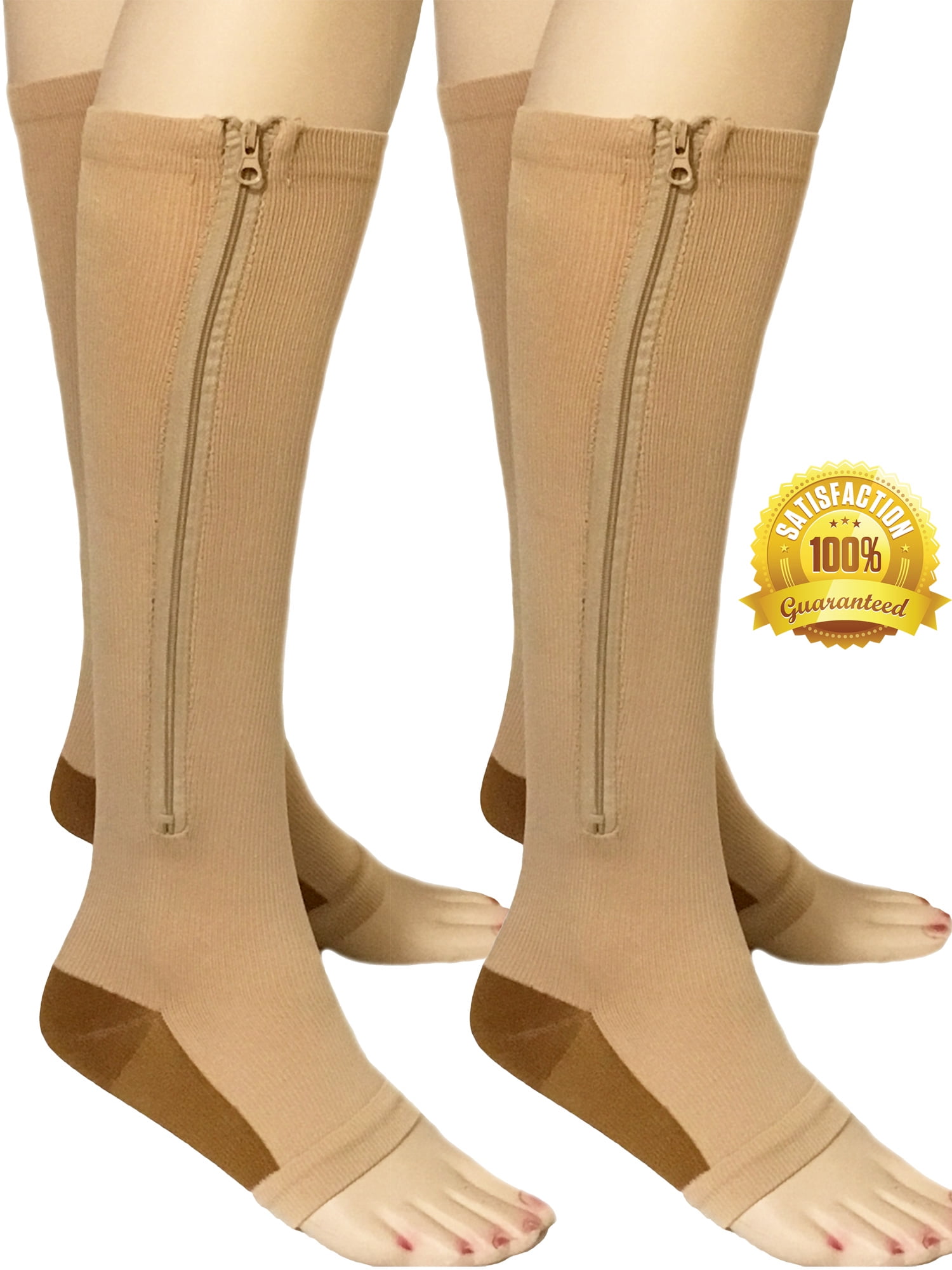 2 Pair Copper Infused Compression Socks with Zipper 2025 mmHg Beige Nude Open Toe for Women