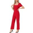 thumbnail image 2 of INSPIRAR CHIC Mono de Trabajo para Mujeres Elegante Cuello Cuadrado Manga Corta Abullonada Suelto Pierna Ancha Romper XS Rojo, 2 of 5