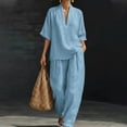 thumbnail image 2 of Domzest Linen Sets for Women V Neck Short Sleeve Shirt Matching Wide Leg Pants Summer Lounge Set Vacation Outfits Pocket Light Blue S, 2 of 6