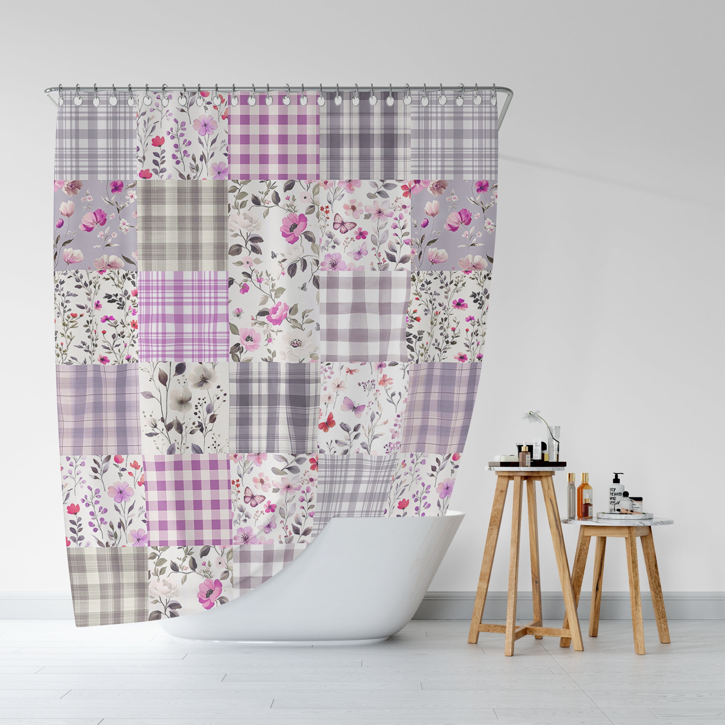 Cute Plaid Floral Shower Curtain, Boho Purple Pink Flower Fabric Shower Curtains for Bathroom, Retro Purple Pink Floral Checkered Patchwork Bath Curtain Set Washable Waterproof with 12Hooks,72X72in