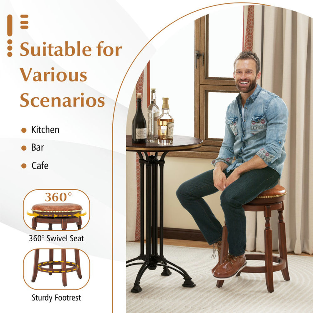 Demi Bonn 24" Set of 2 Swivel Bar Stool with Upholstered Seat and Rubber Wood Frame, Modern Kitchen Dining Chair, Brown