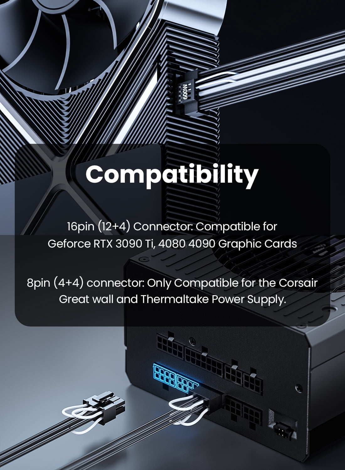 Fasgear PCI-e Gen 5.0 Power Cable Sleeved 70cm 16pin(12+4) 12VHPWR Connector for RTX 3090 Ti 4080 4090|3x8pin (4+4) CPU Male Plugs Only for Corsair/Great Wall/Thermaltake Modular Power Supply 2.3ft