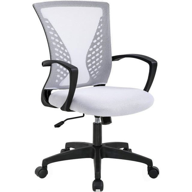 BestOffice Chaise de Bureau Ergonomique en Maille, Soutien Lombaire Accoudoirs Dossier Mi-Haut à Roulettes Pivotante Réglable, Blanc
