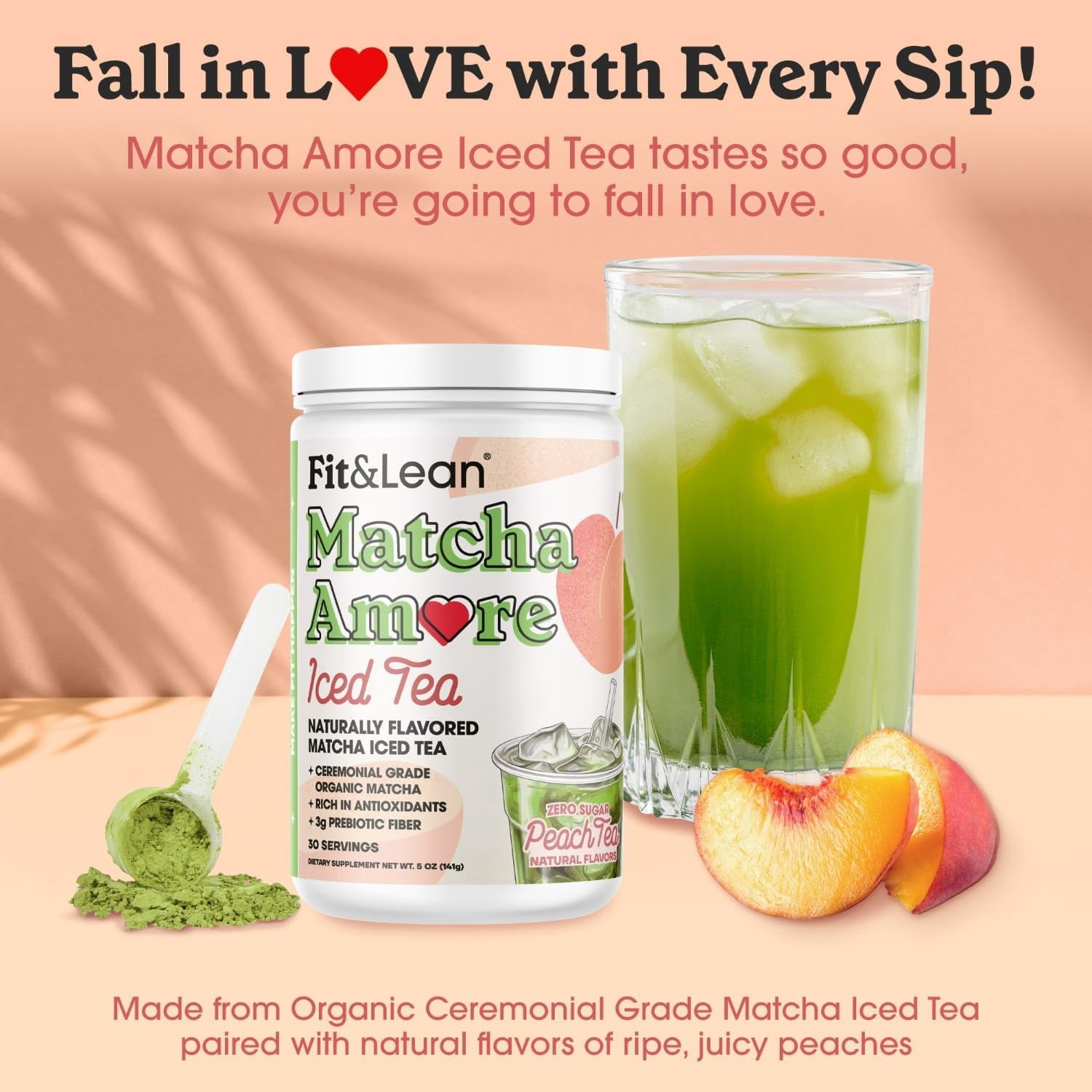 Fit & Lean Matcha Amore Iced Tea, Fruit-Inspired Naturally Flavored Organic Ceremonial Grade Matcha Green Tea, Naturally Sweetened, NON-GMO, Zero Sugar, Peach Iced Tea, 30 Servings
