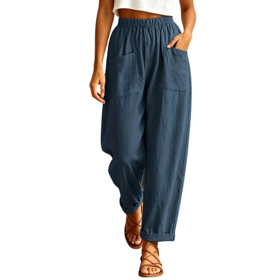 Sevevn Women's Soft Loose Barrel Casual Pants Elastic Stretch Waist Conceal Rollable Cuff Design Lightweight Spring Fall Beach Outfits