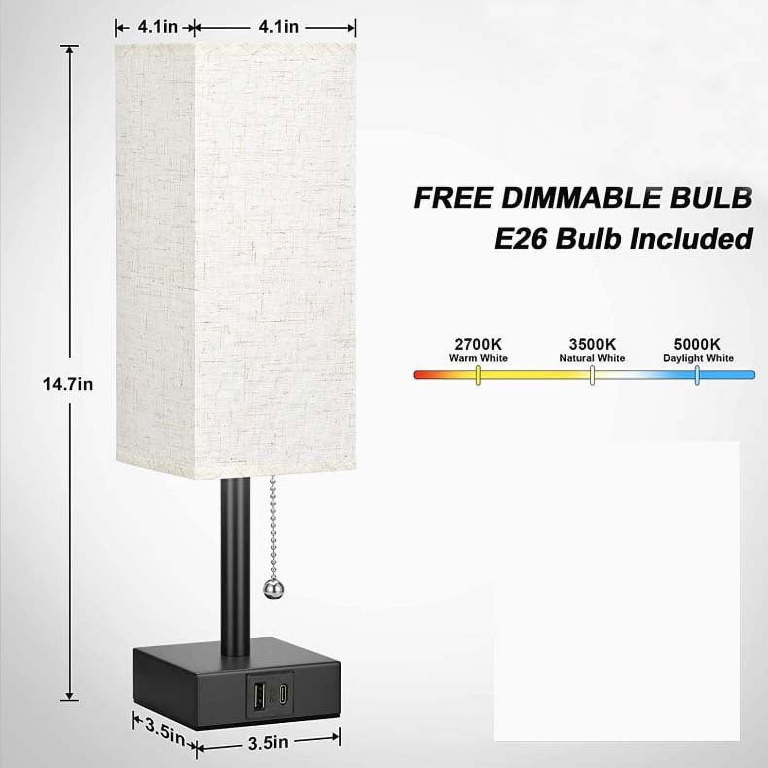 Bedside Table Lamp Pull Chain Table Lamp With USB C&A Fast Charging Port, AC Outlet, Solid Bedroom Lamps with Fabric Shade Nightstand Light for Living Room, Office, Reading (LED Bulb Included)