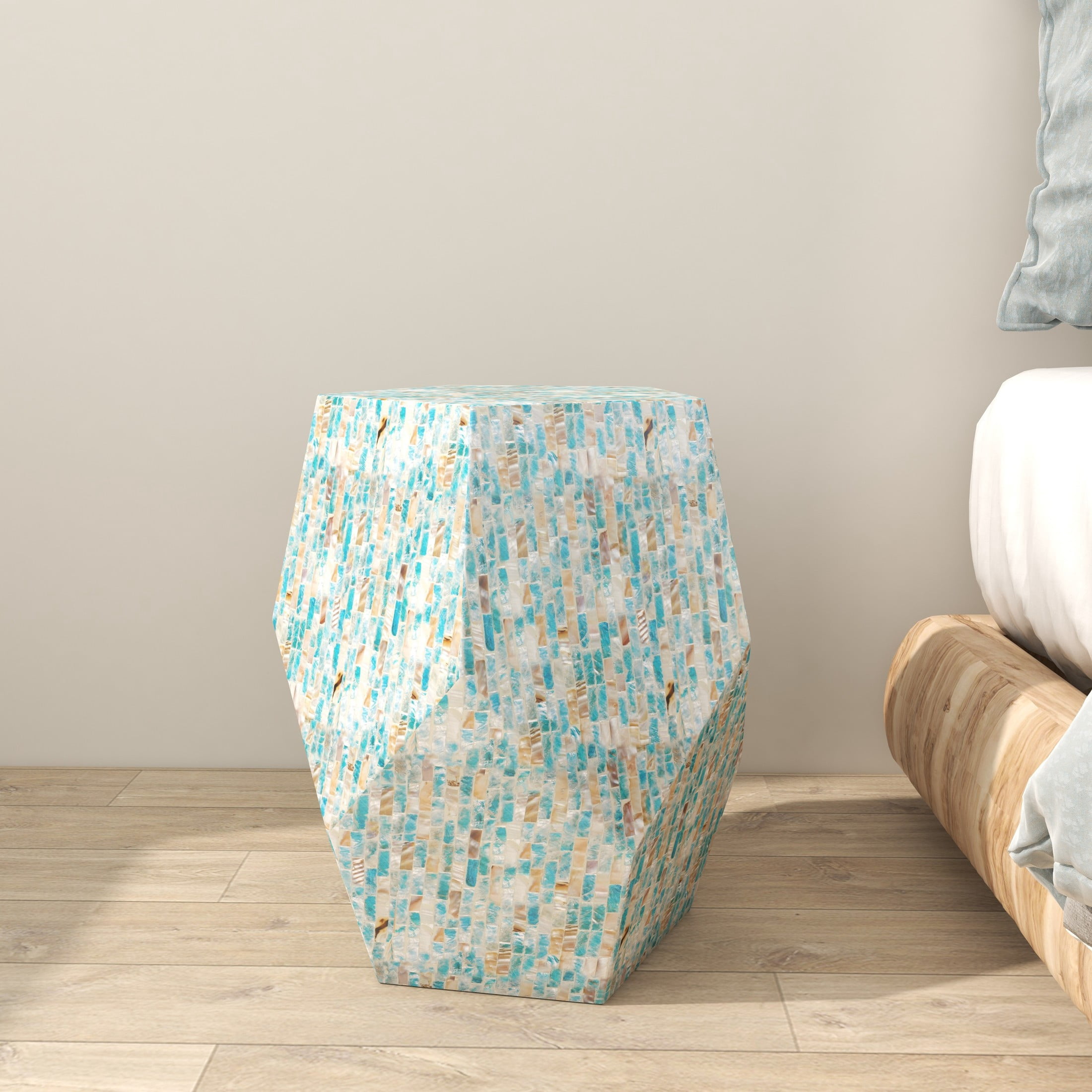 DecMode 16" x 19" Multi Colored Mother of Pearl Shell Handmade Mosaic Inlay Geometric Accent Table, 1-Piece