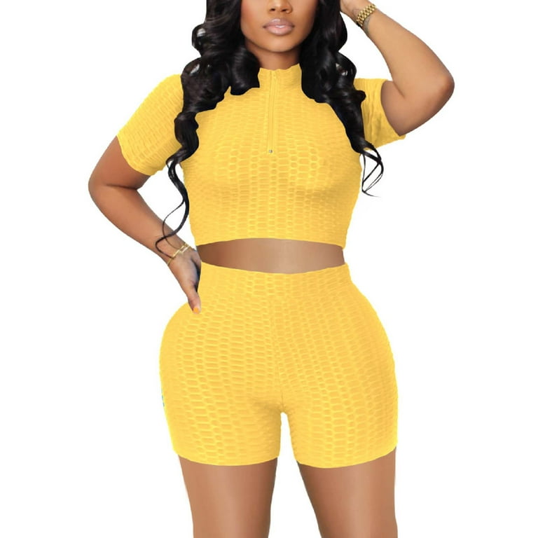 RQYYD Reduced Workout Sets for Women 2 Piece Textured Tracksuits Outfits  Short Sleeve Zipper Crop Tops Yoga Shorts Set Yellow XL