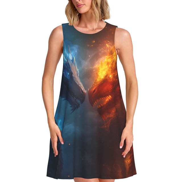 Balery Red And Blue Fire Dragon E Vestidos de verano para mujer con estampado: vestido holgado sin mangas, vestido playero informal y cómodo para días calurosos.