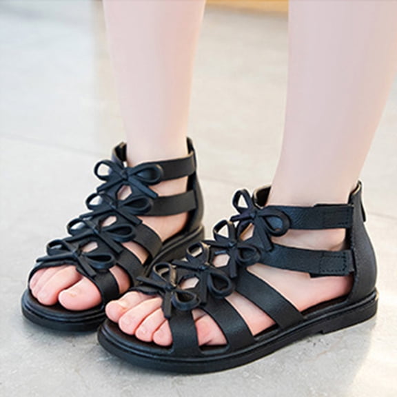 YMNXA Toddler Kids Girls Summer Sandals Soft Sole Non Open Toe Solid Color Fashion Comfortable Bowknot Princress Shoes For Casual Daily Wear,Black,4.5-5 Years