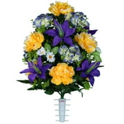 Sympathy Silks Artificial Spring Cemetery Flowers Purple Lily and Yellow Peony Bouquet