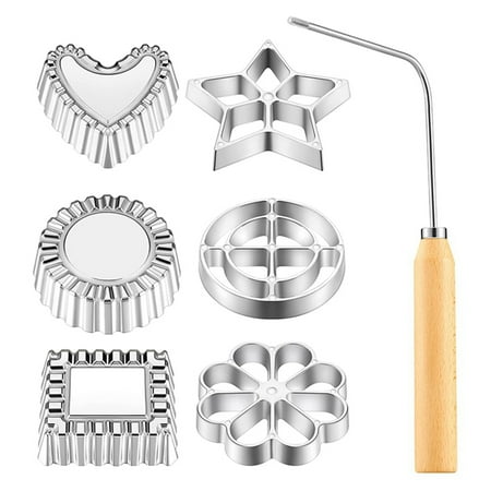 

TAONMEISU 7pcs Rosette Set | Aluminum Waffle Molds with Wood Handle | Heart Star Circle Square Cookies Mold for Kitchen Baking Fried Aluminum Alloy Baking Cutters 6 Shapes