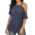 thumbnail image 2 of Camiseta de mujer Verano con hombros descubiertos Blusa de manga corta Top suelto, Azul marino, M Speravity AP001354-17, 2 of 5