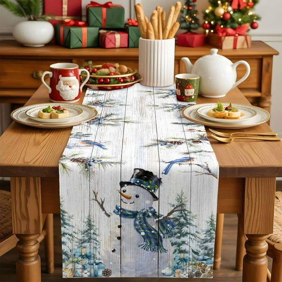 Snowman on Farm Wood Board Table Runner 13x36in Non-Slip Cotton Linen Table Runners, Christmas Tree Bird Dresser Scarves TableRunner for Dinner Kitchen Dining Wedding Party