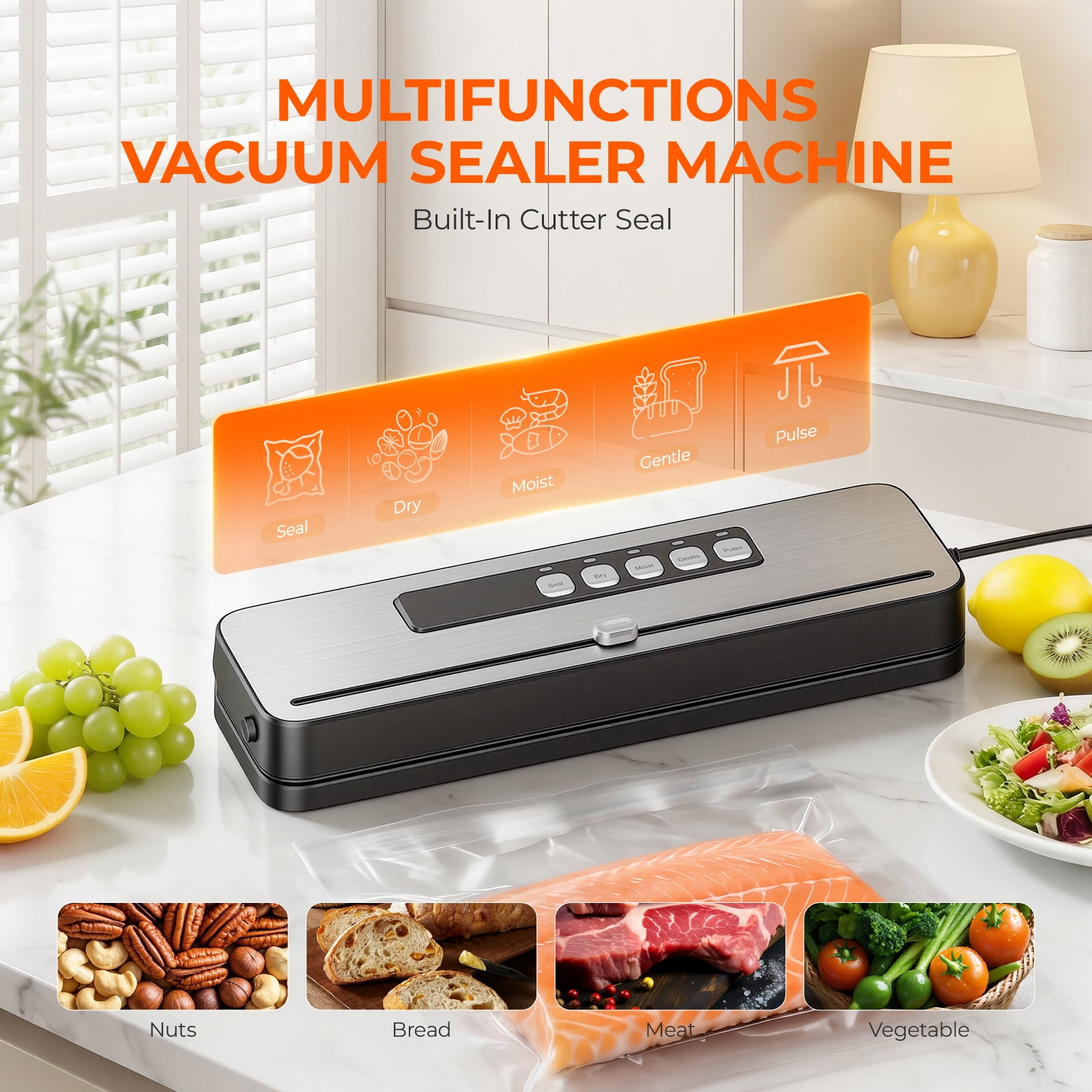 RUIE Vacuum Sealer Machine for Food with 20 Bags,60KPa Automatic Air Sealing Food Saver with Dry and Moist Food Modes,Led Indicator Lights, Easy to Clean, Compact Design