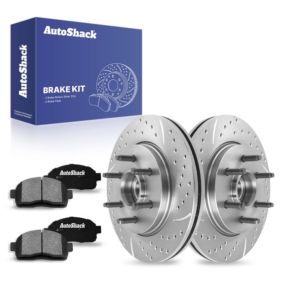 AutoShack 12.98" (329.8 mm) Front Vented Drilled & Slotted Brake Rotors Coated   Ceramic Brake Pads | Replacement for 2004-2008 Ford F-150 | Silver Zinc Coated | 6-PC Brake Kit | SilverShield Pro