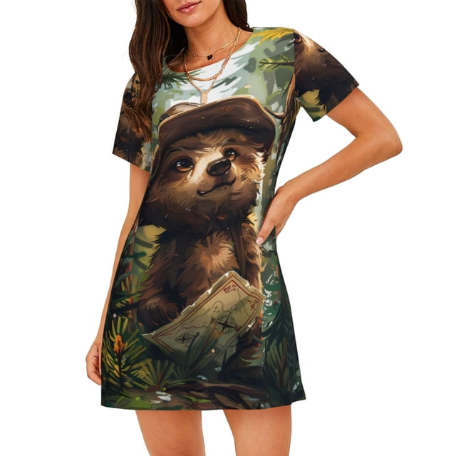Fotbe Jungle Hat Bear Bata de Dormir para Mujer con Estampado, Camisón de Algodón de Manga Corta, Ropa de Dormir Casual