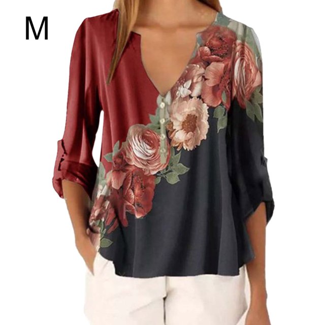 Blusa Camisa con cuello en V y estampado floral Blusa suelta de manga larga Top de mujer, Rojo, M Sweethay AP002021-18
