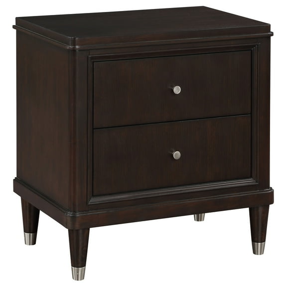 Amber Nightstand, 2 Drawers, Round Metal Knobs, Tapered Legs, Brown Wood