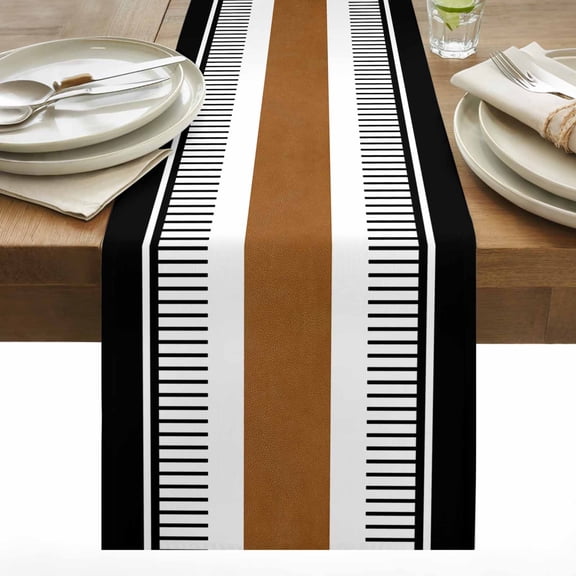 Vintage Farmhouse Table Runner 13x48 inch Leather Brown Black Texture Stripes Cotton Linen Dining Table Runner Ideal for Dresser Kitchen Coffee Tables - Machine Washable
