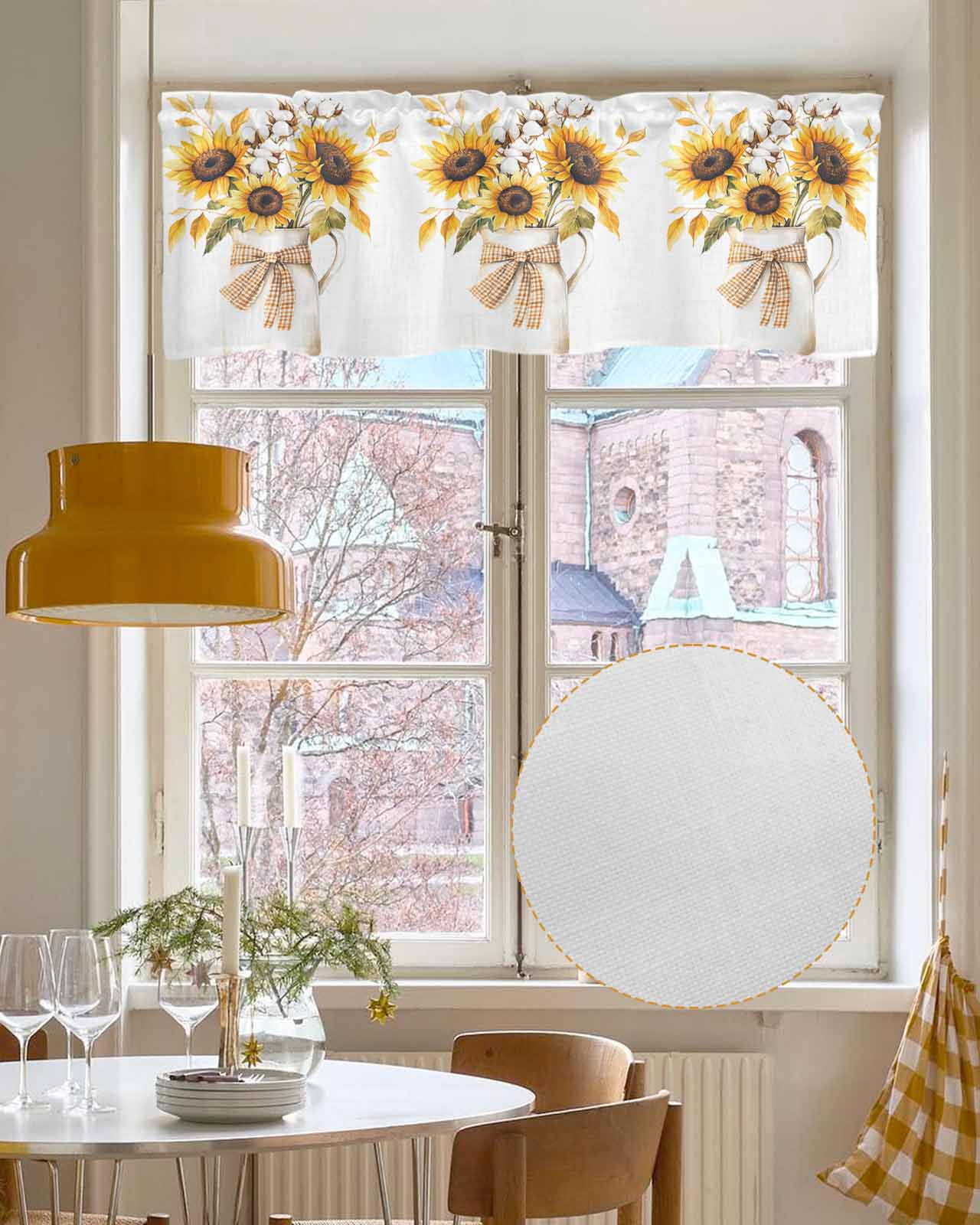 Sunflower Kitchen Valances for Windows Farmhouse Linen Window Valance Curtain for Living Room Window Treatment Farm Country Floral Botanical Plaid Bow Valance Rod Pocket Topper Drape, 60 x 18 Inch