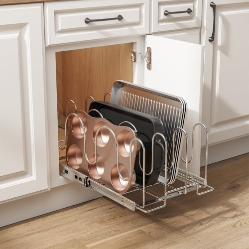 Pull Out Pan and Pot Lid Organizer for Cabinet, Holds Up to 18 Lids, 11"W x 21"L Chrome Steel Rack