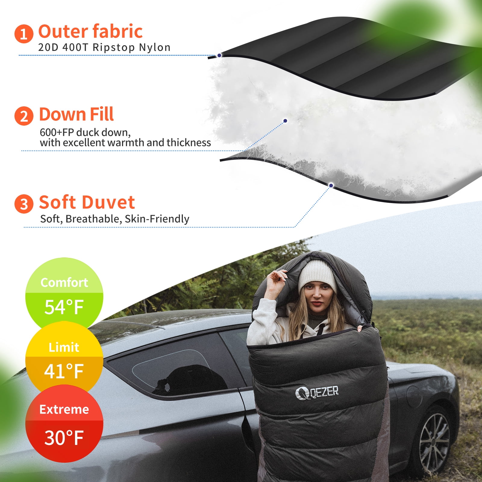 QEZER Ultralight Down Sleeping Bag Adults For 3 Seasons 40℉-53℉, Camping and Traveling