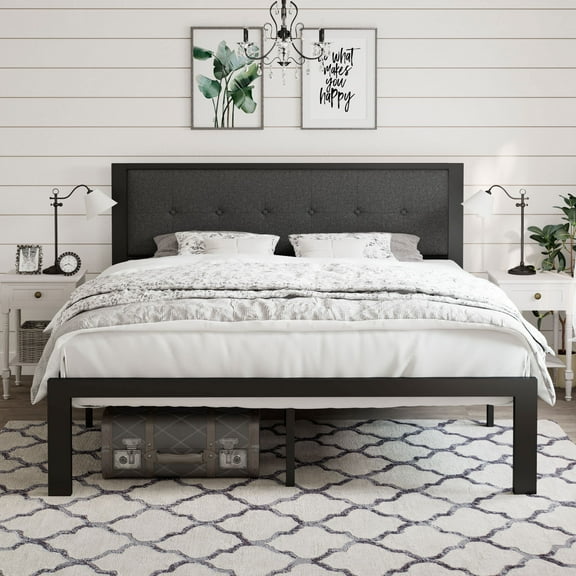 Amolife Full Size Upholstered Platform Bed Frame with Adjustable Height Headboard, Noise-Free, White