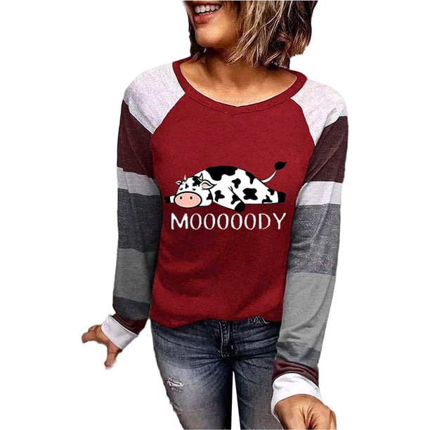 Camisetas estampadas de vacas sueltas divertidas vintage de manga larga con cuello redondo para mujer Fridja FKASFK397