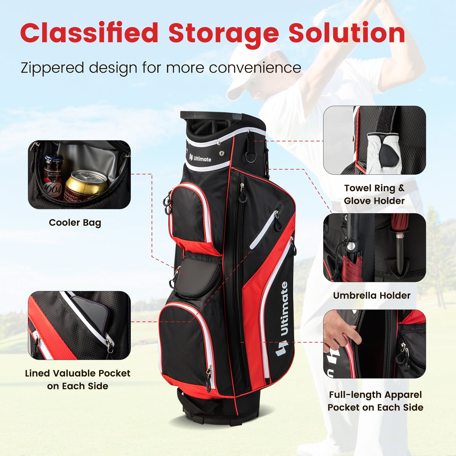 Topbuy 14-Way Golf Cart Bag Golf Club Bag with 14 Ways Organizer Divider Top 9 Zippered Pockets Cooler Bag Umbrella Holder Red