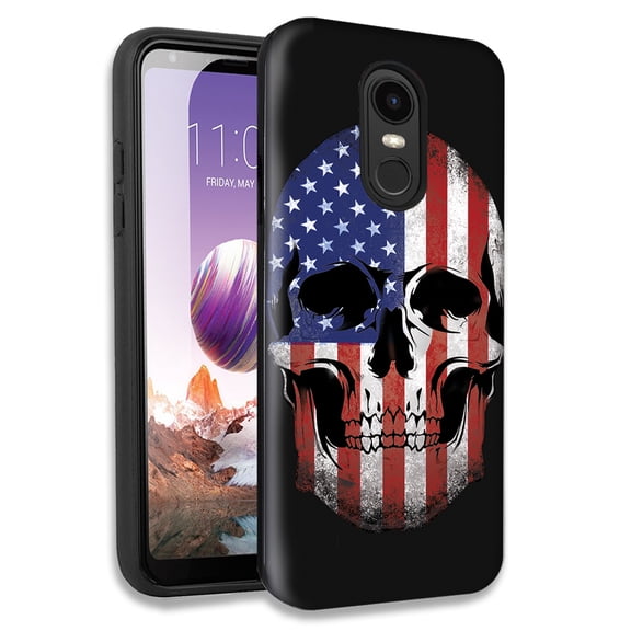 Mundaze American USA Flag Skull Double Layer Hybrid Case Cover For LG Fortune 2/Aristo 2 Plus/Zone 4/Aristo 3