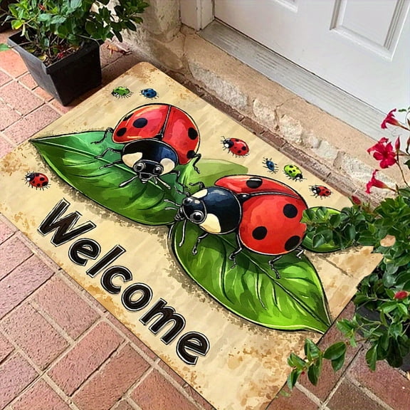 1 Ladybug Print Flannel Mat in Red, Black, and White Garden Design - Easy-clean polyester material, suitable for outdoor porch, kitchen, living room, bathroom, or office decor.