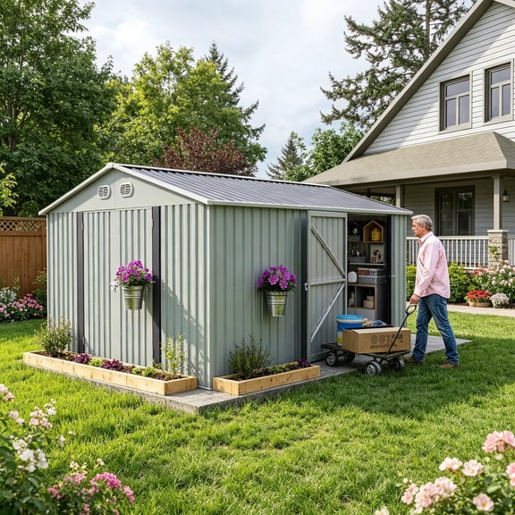 LuckyNote 10x12 FT Outdoor Metal Storage Shed, Large Garden Tool Shed with Lockable Door, Waterproof & UV Resistant, White