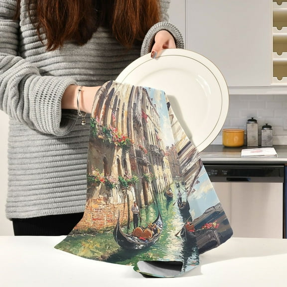 BZSMCE Kitchen Towels Creative Venetian Canalwith Green Water Pattern Durable Kitchen Towel