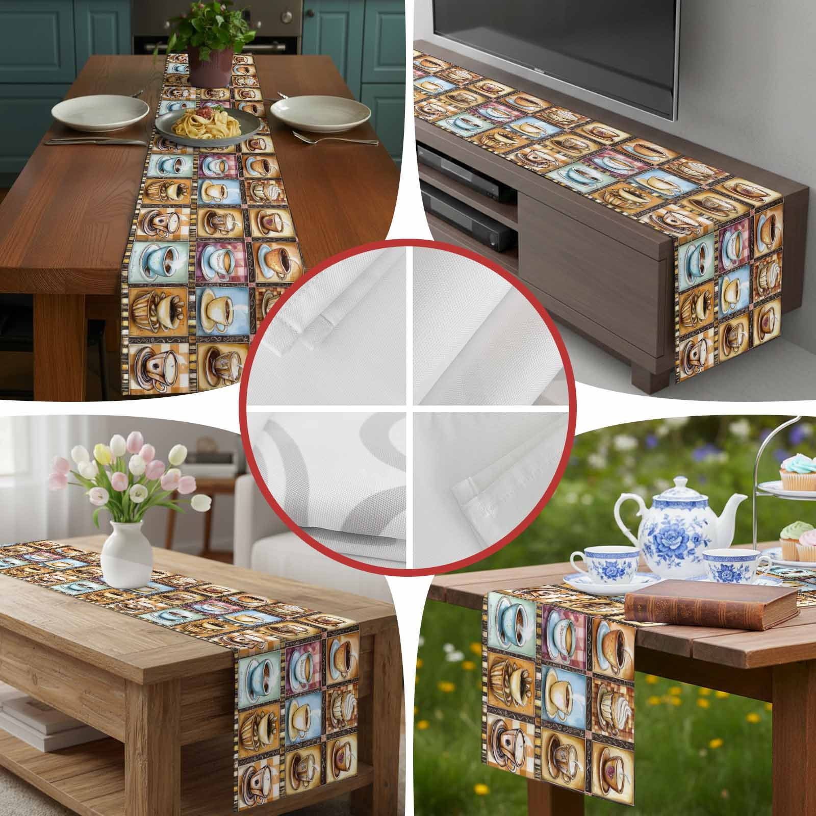Coffee Cake Dessert Food Table Runner 90 Inches Long, Retro Collage Art Table Runners Tabletop Scarf Kitchen Dining Tables Decoration for Home Party Indoor Outdoor