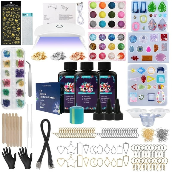 CandWuom UV Resin Jewelry Making Kit - 300g Crystal Clear Resin with Light & Molds for DIY Necklace & Keychain & Earring Making