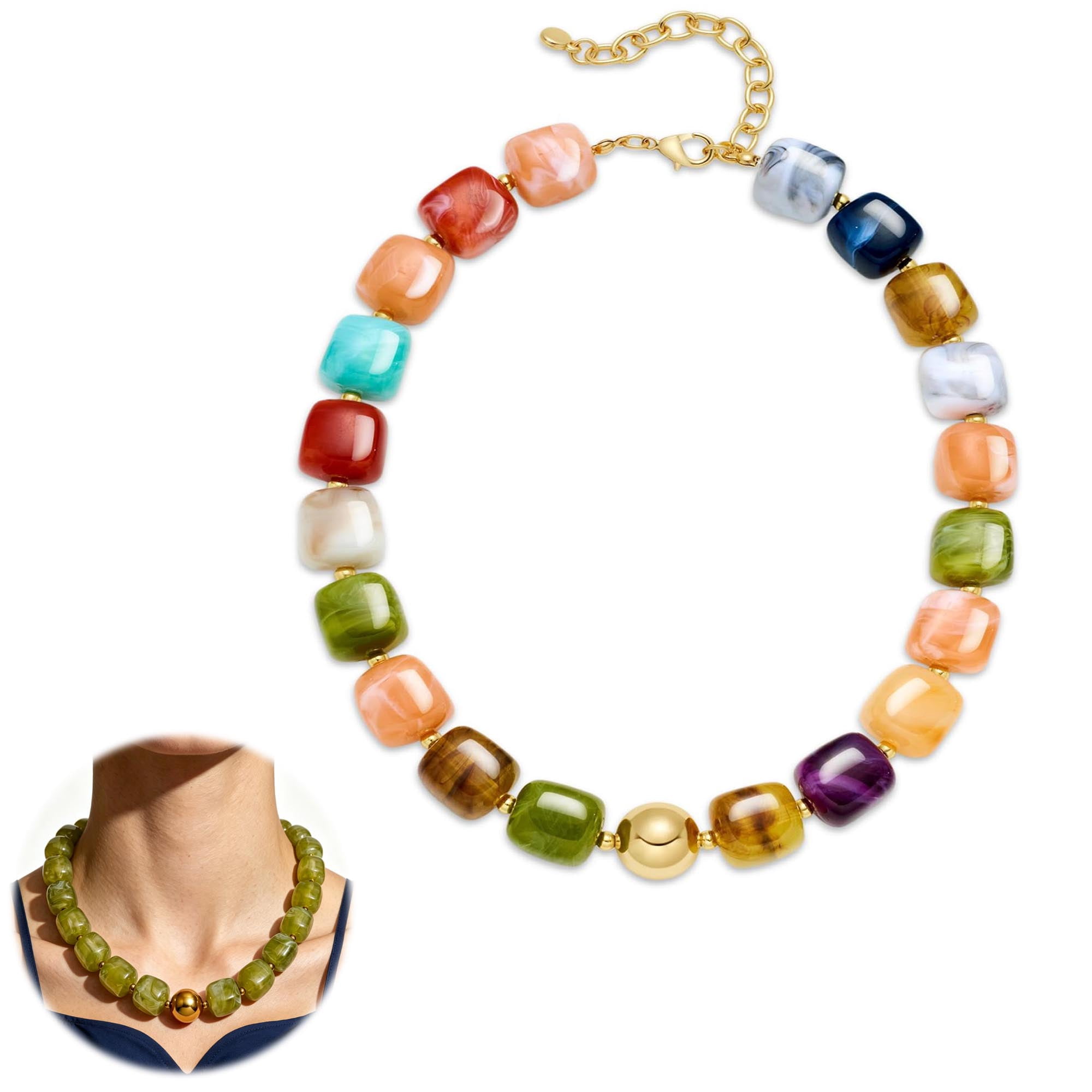 Vibrant Color Square Acrylic Beaded Choker Necklace, Boho Surfer Beach Necklace for Women, Stainless Steel Adjustable Handmade Summer Jewelry, Birthday Holiday Gift