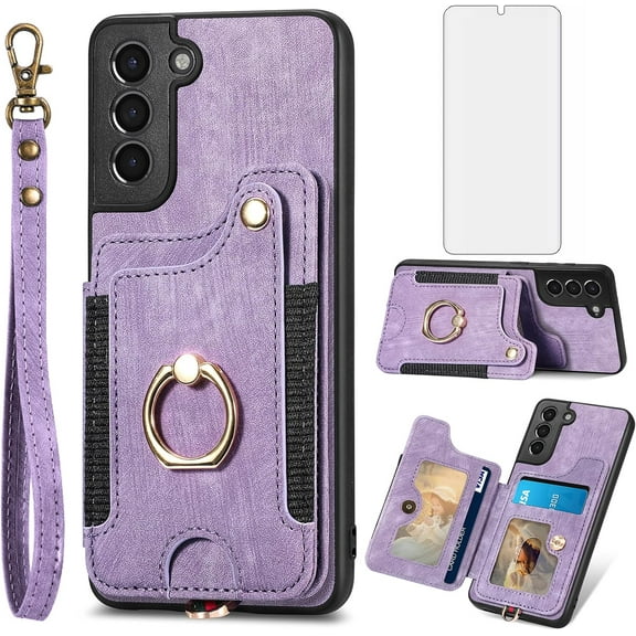 Phone Case for Samsung Galaxy S21 5G 6.2 inch Wallet Cover with Tempered Glass Screen Protector and Wrist Strap Lanyard RFID Credit Card Holder Ring Stand Cell Accessories S 21 21S G5 Women Men Purple