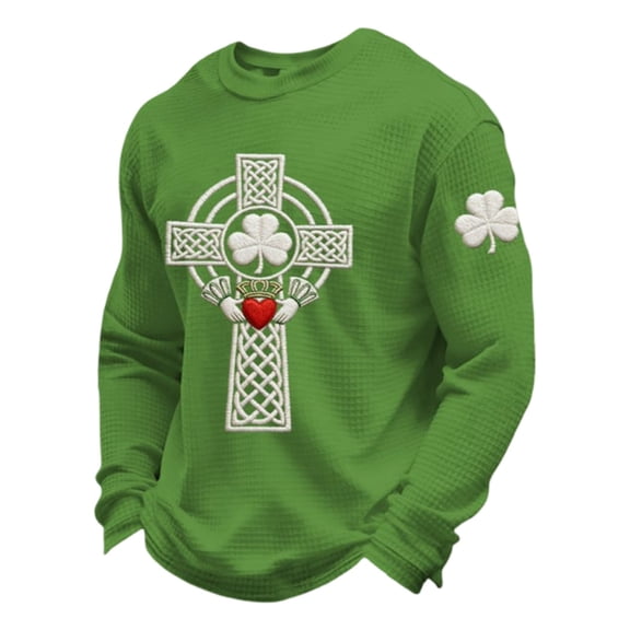 IWRICH Men's St Patrick's Day Shamrock Celtic Knot Cross Print Waffle Sweatshirt Shamrock Tops Light Green XL