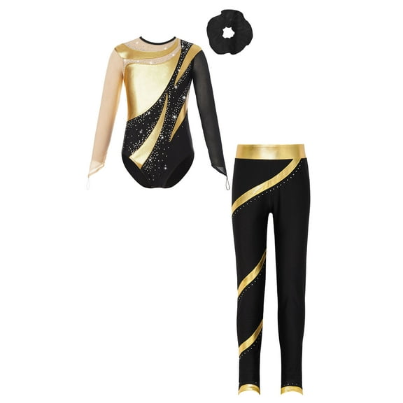 iiniim Gymnastics Leotards for Girls Long Sleeve Dance Leotard with Leggings and Hair Band Ballet Dancewear Gold&Black 6